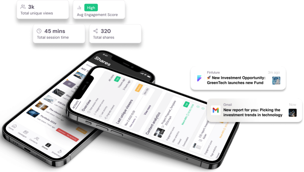 Phones showing GoUpscale technology with engagement analytics.